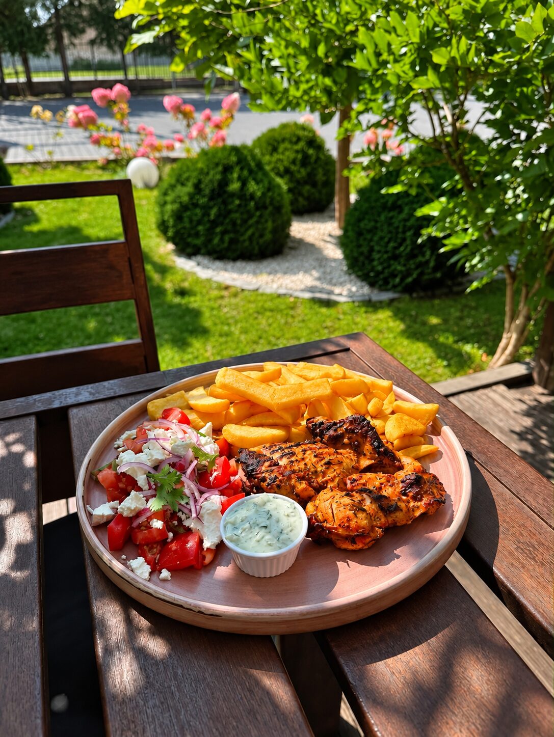 Grillowany kurczak z frytkami i sałatką